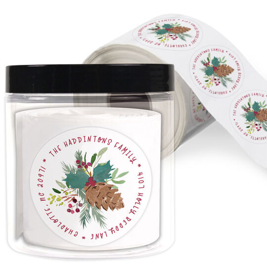 Burgundy Pine Cone Spray Round Address Labels